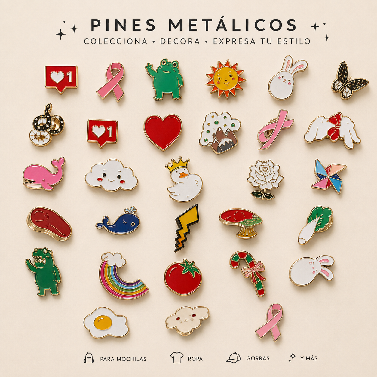 Pack 5 pz pines metálicos para bolsa, gorra, mochila
