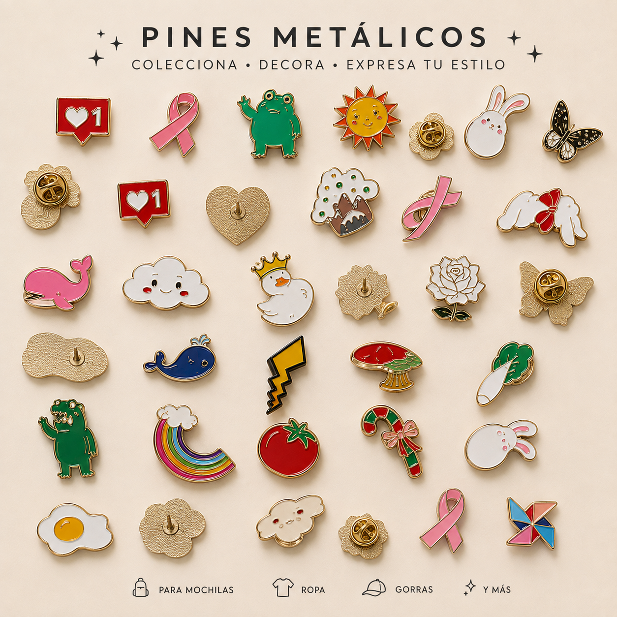 Pack 5 pz pines metálicos para bolsa, gorra, mochila